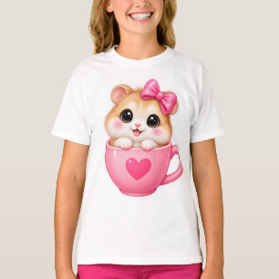 Cute Hamster in a Teacup Pink Bow Girls T-Shirt