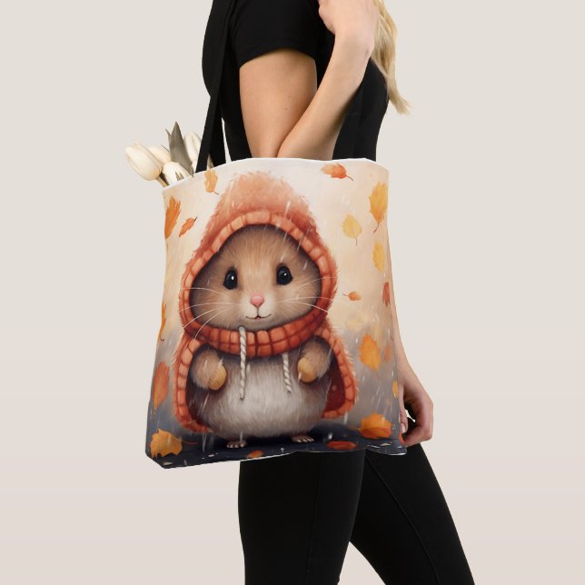 Cute Hamster in Autumn Scenery Whimsical Fall Tote Bag (Close Up)