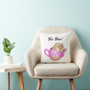 Cute Hamster in Pink Teapot with Daisy Photo Cushion