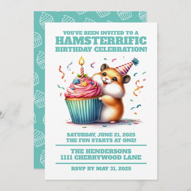 Cute Hamster Lifting Cupcake Hamsterrific Birthday Invitation (Front/Back)