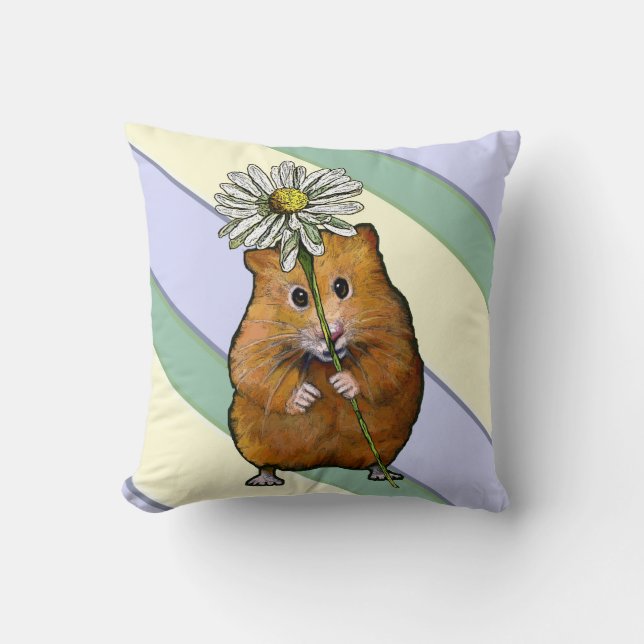 Cute Hamster With Big Daisy Flower, Stripes, Art Cushion (Front)