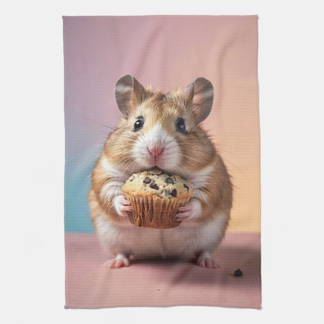 Cute Hamster With Chocolate Chip Muffin Pastel  Tea Towel (Vertical)