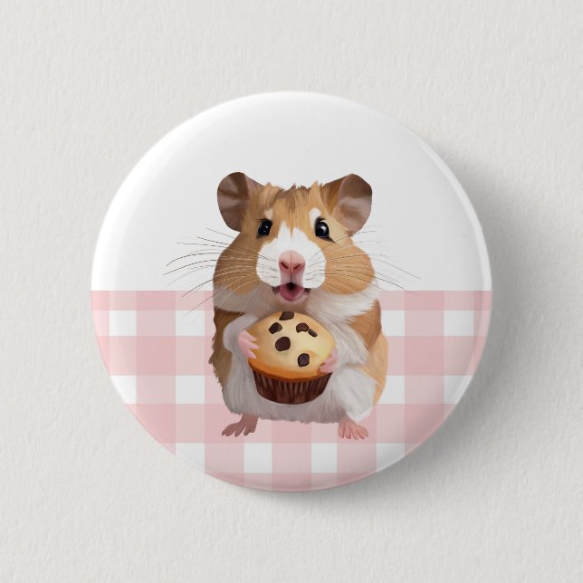 Cute Hamster With Muffin Pink Gingham Check 6 Cm Round Badge (Front)