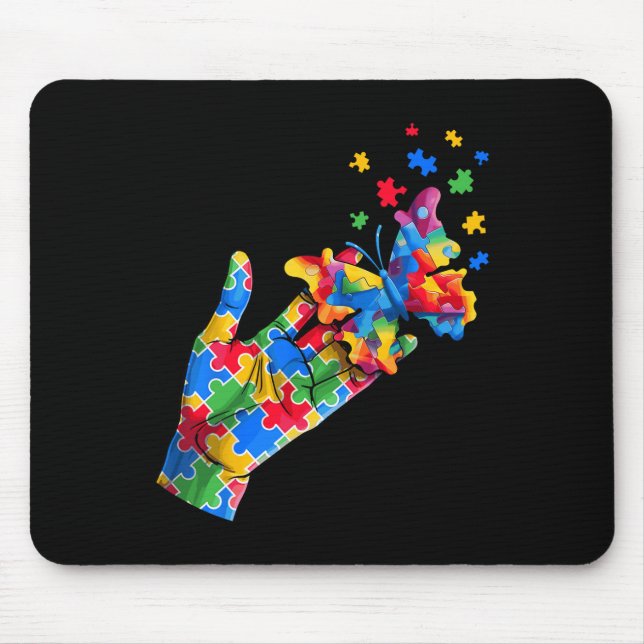 Cute Hand And Butterfly Puzzle Pieces Autism Aware Mouse Pad (Front)