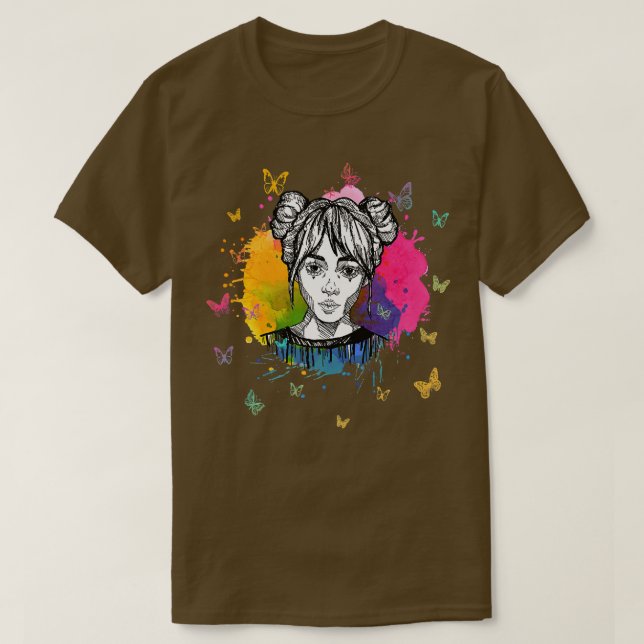 Cute Hand Drawn Anime Girl with Butterlies  (2) T-Shirt (Design Front)
