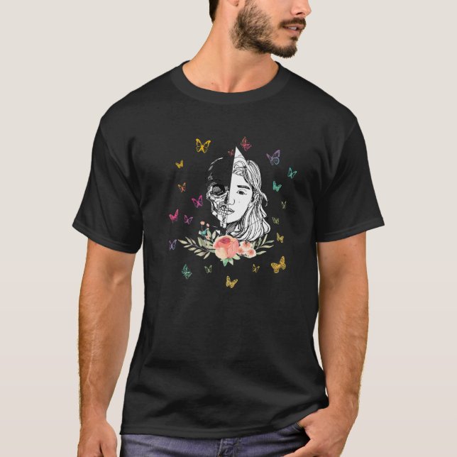 Cute Hand Drawn Anime Girl With Butterlies T-Shirt (Front)