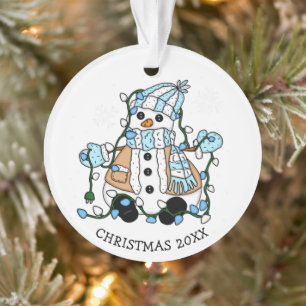 Cute Hand Drawn Blue Snowman Christmas Ornament