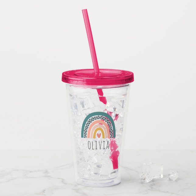Cute Hand Drawn Boho Rainbow Personalised Acrylic Tumbler (Front Ice)