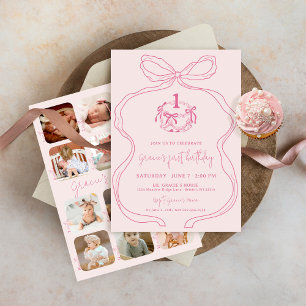 Cute Hand Drawn Bow Pink Girl Photo 1st Birthday Invitation