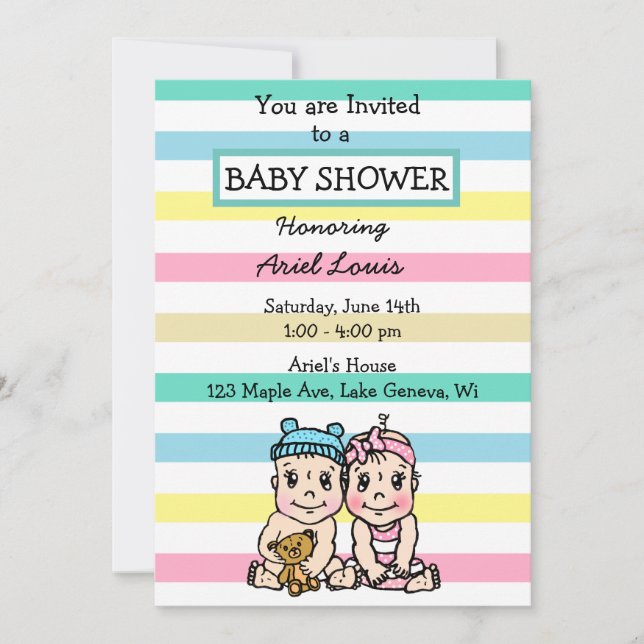 Cute Hand drawn Boy and Girl Twins Baby Shower Invitation (Front)