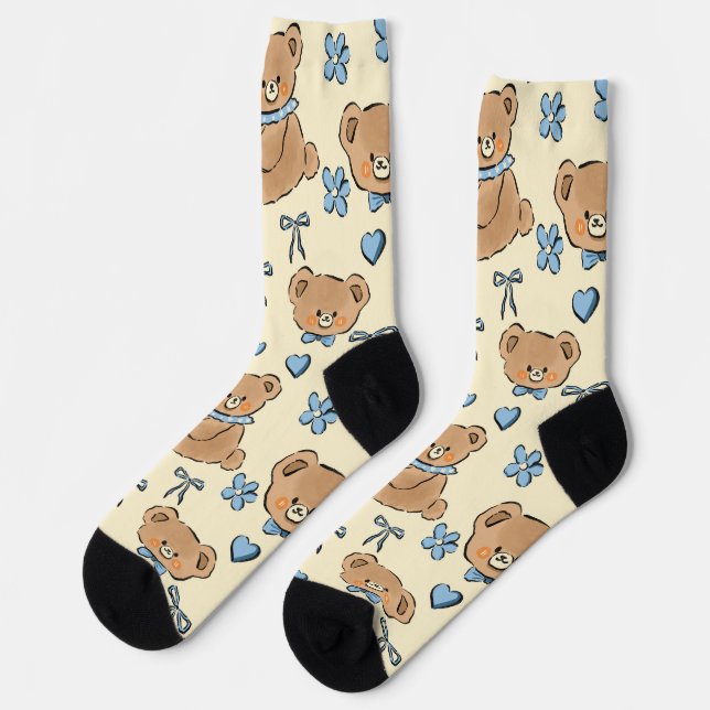 Cute Hand-drawn Brown Teddy Bears Seamless Pattern Socks (Left)