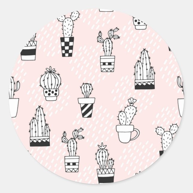 Cute Hand Drawn Cactus Pattern Classic Round Sticker (Front)