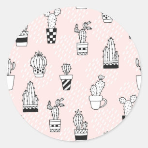Cute Hand Drawn Cactus Pattern Classic Round Sticker