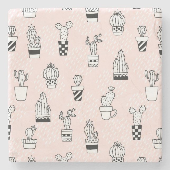 Cute Hand Drawn Cactus Pattern Stone Coaster (Front)