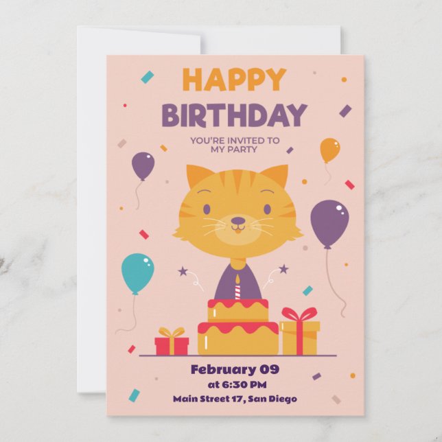 Cute hand drawn cat Birthday invitation card (Front)