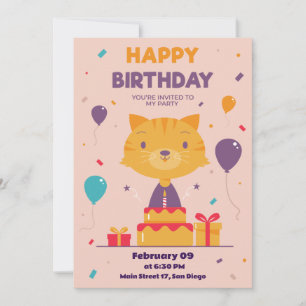 Cute hand drawn cat Birthday invitation card