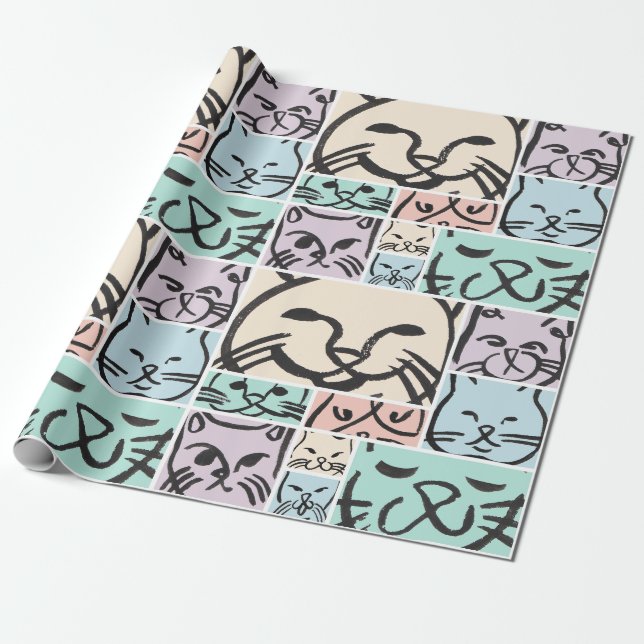 Cute Hand-Drawn Cat Faces Pattern Wrapping Paper (Unrolled)