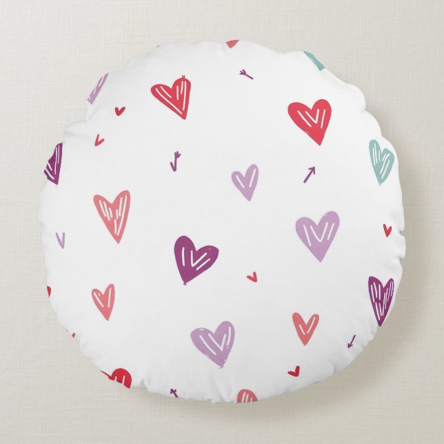 Cute Hand-Drawn Colourful Hearts Round Pillow (Front)