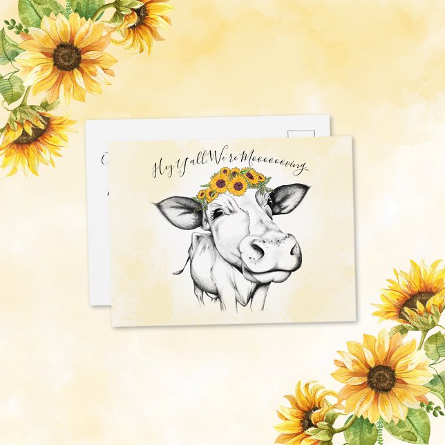 Cute Hand Drawn Cow Sunflower Moving Announcement Postcard (Creator Uploaded)