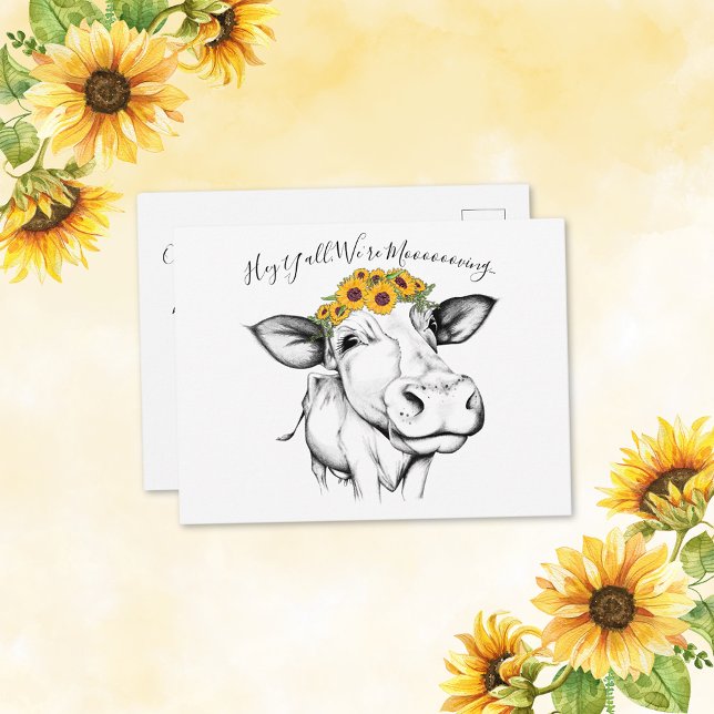 Cute Hand Drawn Cow Sunflower Moving Announcement Postcard (Creator Uploaded)