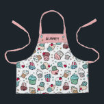 Cute Hand Drawn Cupcake Pattern Add Name Apron<br><div class="desc">Cute personalized apron featuring a hand drawn pattern of cupcakes with frosting and decorated with sprinkles,  berries,  and fruit in lovely pastel colors. Add your name or your child's name against pink,  surrounded by cute stars.</div>
