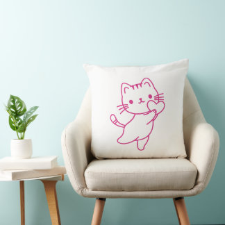 Cute Hand Drawn Design of a Cat Holding a Heart Cushion