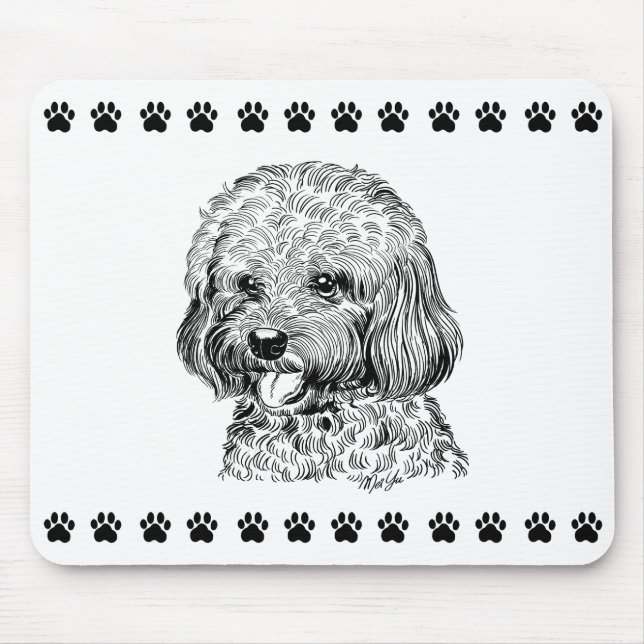 Cute Hand Drawn Dog + Paw Prints Mouse Pad (Front)
