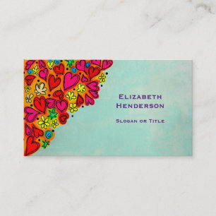 Cute Hand Drawn Doodle Hearts and Flowers Business Card