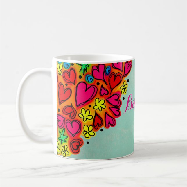 Cute Hand Drawn Doodle Hearts and Flowers Coffee Mug (Left)