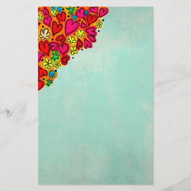 Cute Hand Drawn Doodle Hearts and Flowers Stationery (Front)