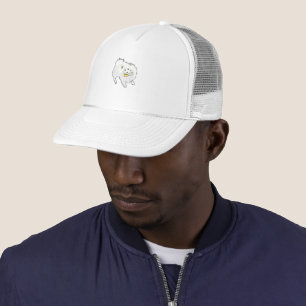 Cute Hand Drawn Fluffy White Dog Holding Yellow To Trucker Hat