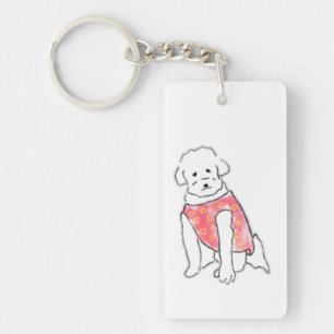 Cute Hand Drawn Fluffy White Dog in Pink Vest Key Ring