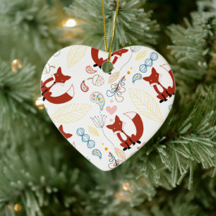 Cute Hand Drawn Fox Hearts in Yellow Blue Pink Ceramic Tree Decoration