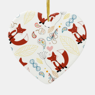 Cute Hand Drawn Fox Hearts in Yellow Blue Pink Ceramic Tree Decoration