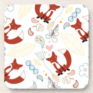 Cute Hand Drawn Fox Hearts in Yellow Blue Pink Coaster