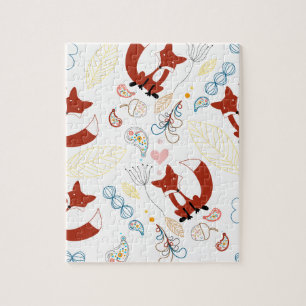 Cute Hand Drawn Fox Hearts in Yellow Blue Pink Jigsaw Puzzle