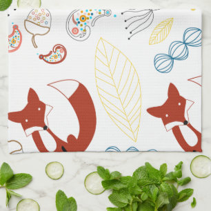 Cute Hand Drawn Fox Hearts in Yellow Blue Pink Tea Towel