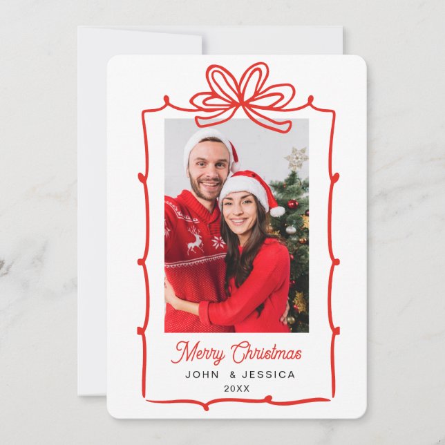 Cute hand drawn frame with bow Photo Holiday Card (Front)