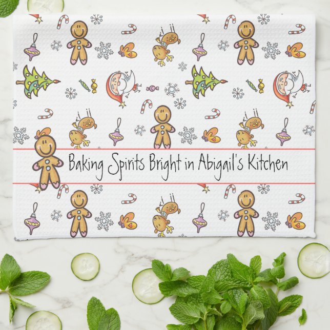 Cute Hand-drawn Gingerbread Baking Spirits Bright Tea Towel (Folded)