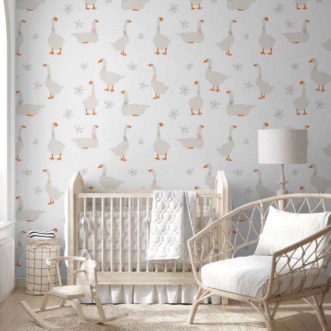 Cute Hand Drawn Goose & Daisies Baby Nursery Wallpaper (Kids)