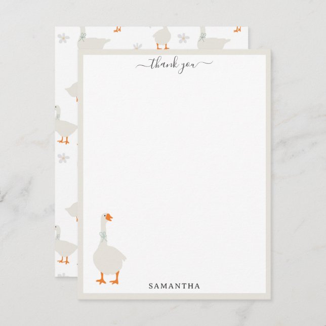 Cute Hand Drawn Goose & Daisies Custom Name Thank You Card (Front/Back)