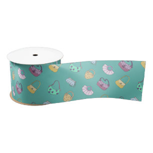 Cute Hand Drawn Handbags Doodles Pattern Teal Satin Ribbon