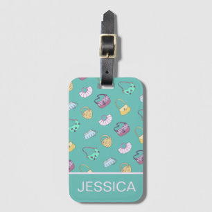 Cute Hand Drawn Handbags Pattern Teal Personalised Luggage Tag