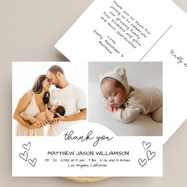 Cute Hand-drawn Hearts 2 Photo Thank You Baby  Postcard (Creator Uploaded)