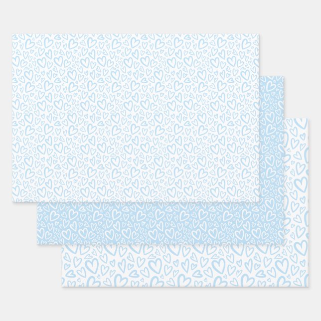 Cute Hand Drawn Hearts Pattern Baby Blue Wrapping Paper Sheet (Set)