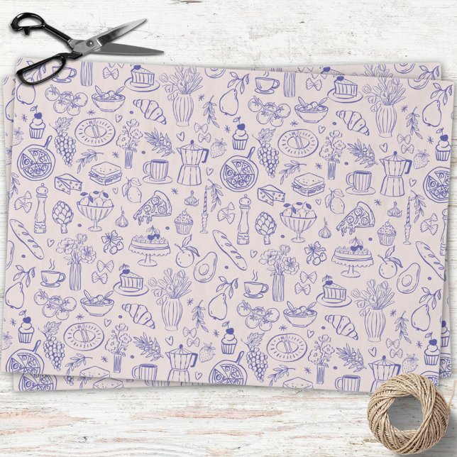 Cute Hand Drawn Italian Food and Flowers Kitchen Tissue Paper (In situ)