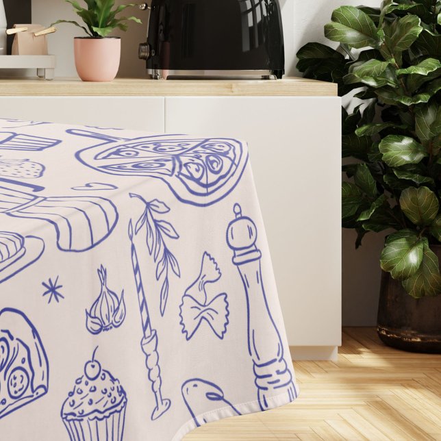 Cute Hand Drawn Italian Food and Flowers Tablecloth (In situ)