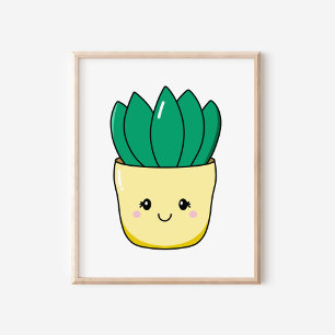 Cute Hand-Drawn Kawaii Potted Succulent Plant Poster
