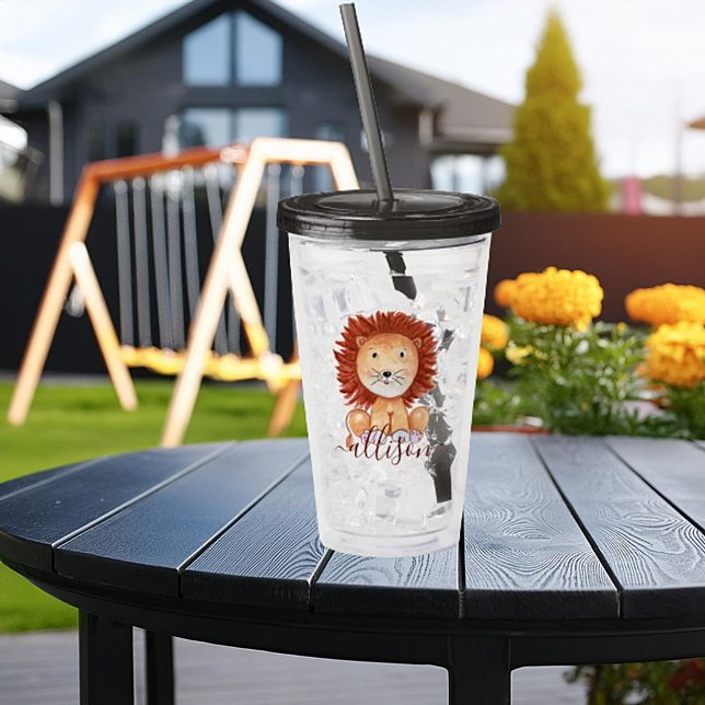 Cute hand drawn lion personalised kids  acrylic tumbler (Creator Uploaded)