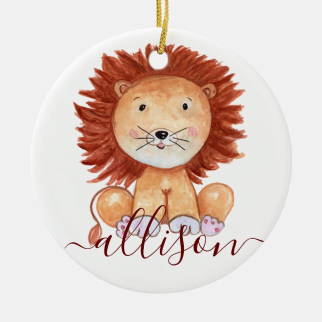 Cute hand drawn lion personalised kids ceramic tree decoration (Front)